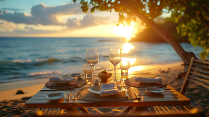 A dining table with plates and cutlery is set on a beach with a sunset in the background.  - obrazy, fototapety, plakaty