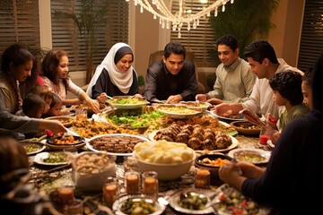 Muslim family enjoys a grand feast at home to celebrate, with a group of people sitting around a table and eating food. - obrazy, fototapety, plakaty