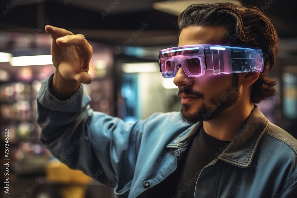 Poster man in denim jacket using advanced virtual reality headset, interacting with digital interface.