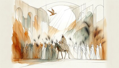 Obraz premium Jesus entering in Jerusalem on a donkey, welcomed by the crowd. Palm Sunday. Watercolor Biblical Illustration. 