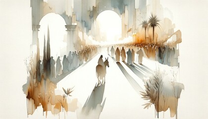 Jesus entering in Jerusalem on a donkey, welcomed by the crowd. Palm Sunday. Watercolor Biblical...
