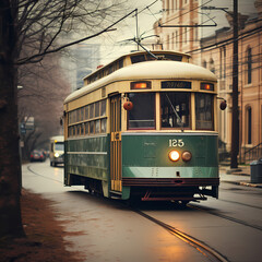 Vintage-style photograph of an old-fashioned streetcar.