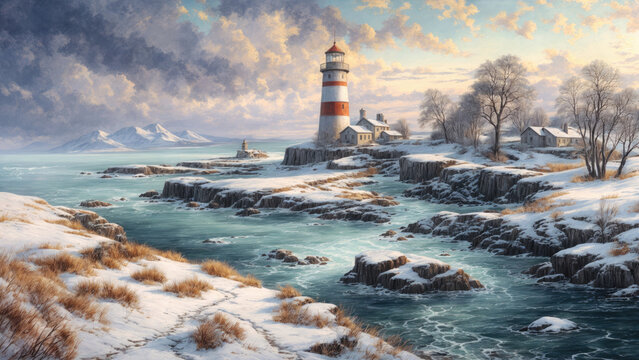 Lonely snow-covered lighthouse on the shore of a winter sea bay