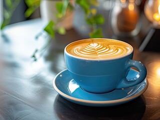 cup of coffee in a blue cup with latte art in a beautiful aesthetic cafe on a black wooden table, morning lighting and cozy vibes , sfumato. depth of field