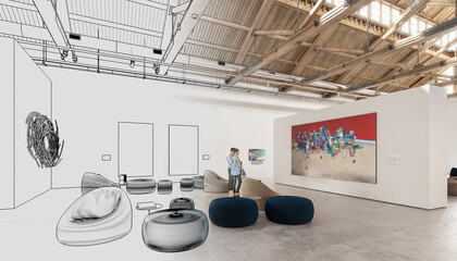 Planung der Einrichtung einer Ausstellungshalle in einem renovierten postindustriellen Gebäude – 3D-Visualisierung