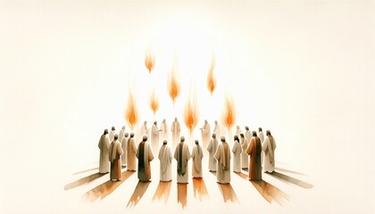 Pentecost Sunday: The Holy Spirit Comes as Tongues of Fire. Digital illustration of the Holy Spirit descending on the believers. Rear view.