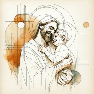 Hand drawn illustration of Jesus Christ holding a baby, smiling on a composite abstract lines background. Digital illustration.