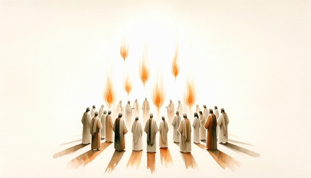 Pentecost Sunday: The Holy Spirit Comes as Tongues of Fire. Digital illustration of the Holy Spirit descending on the believers. Rear view.