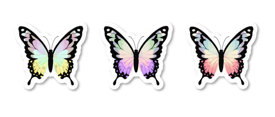 set Beautiful colorful cartoon exotic vector isolated on white pastel purple butterfly with colorful wings and antennae sticker