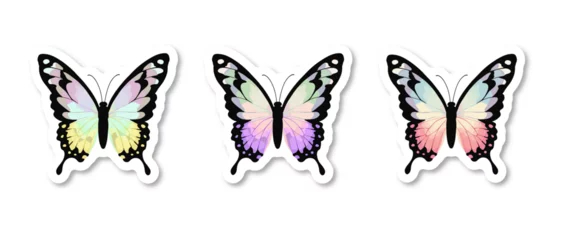 Rolgordijnen Vlinders set Beautiful colorful cartoon exotic vector isolated on white pastel purple butterfly with colorful wings and antennae sticker