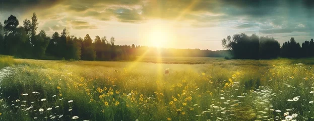Foto op Plexiglas Green field with sunlight, nature landscape © inspiretta