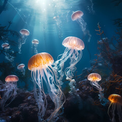 Obraz na płótnie Canvas Surreal underwater scene with floating jellyfish.