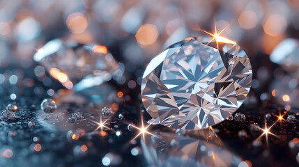 Close-up of a diamond surrounded by many other diamonds. The background is a dark black, and the diamonds are all sparkling and shiny. - obrazy, fototapety, plakaty