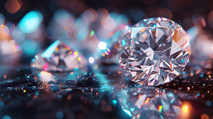 Close-up of a diamond surrounded by many other diamonds. The background is a dark black, and the diamonds are all sparkling and shiny.