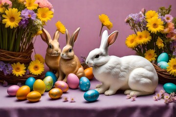 easter bunny and eggs, Enter a charming Easter scene adorned with colorful Easter eggs and a whimsical bunny figurine. The eggs are nestled among fresh greenery, their vibrant colors reflecting the jo