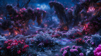 Obraz premium Enchanted Forest: A Fantasy Landscape with Mysterious Trees and Magical Light, Invoking Dreamlike Wonder