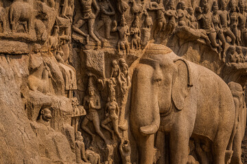 Exclusive Monolithic Rock Carved- Arjuna penance is UNESCO's World Heritage Site located at Mamallapuram or Mahabalipuram in Tamil Nadu, Great South India.