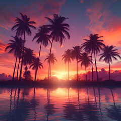 Tropical palm trees against a pink and orange sunset