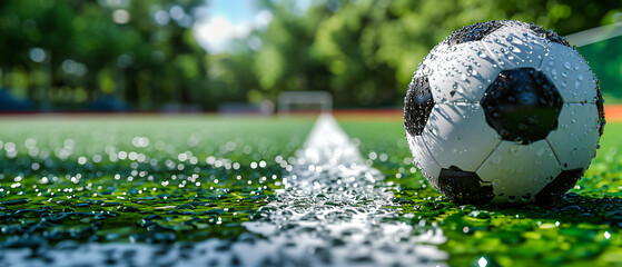 Rain-soaked game, a soccer ball on a wet field, capturing the essence of sportive determination against the elements