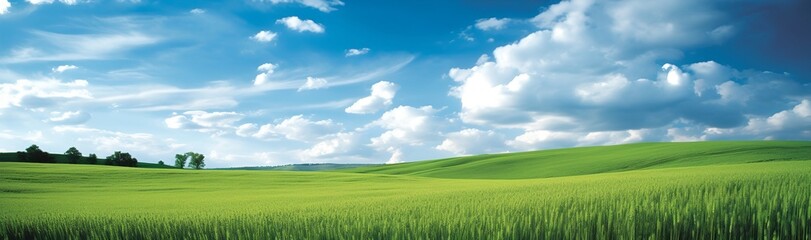 Naklejka premium Green grass field under blue sky with white clouds