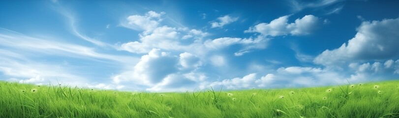 Green grass field under blue sky with white clouds