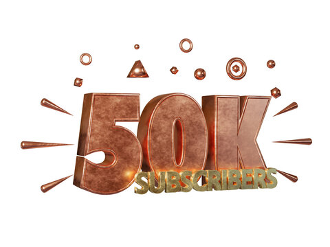 Golden 50k or fifty thousand subscribers celebration online social banner on transparent, realistic gold 3d render.