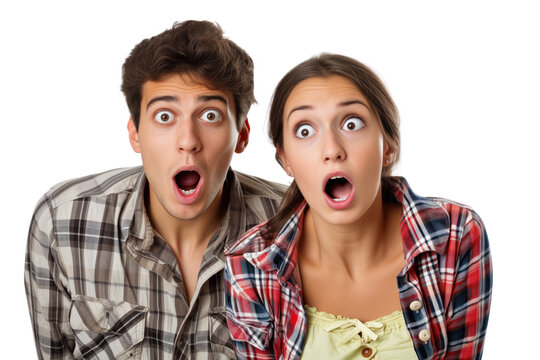  Amazed Young Couple with Shocked Expressions in Casual Wear on Transparent Background