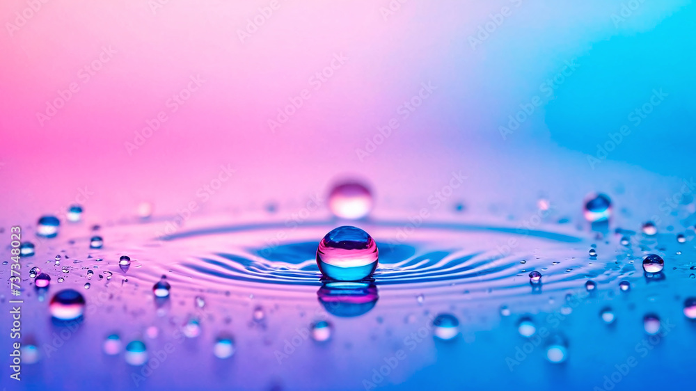 Poster water drop close up macro photography with colorful bokeh background.