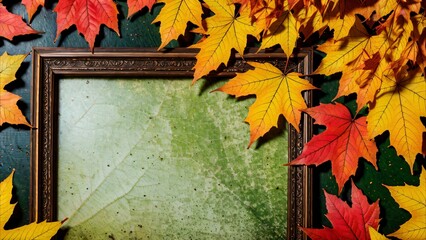 Wooden frame with green background. Autumn maple leaves on the frame.