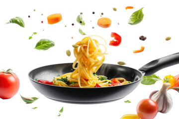 Italian pasta with vegetables floating on a hot pan. Isolated on a transparent white background.