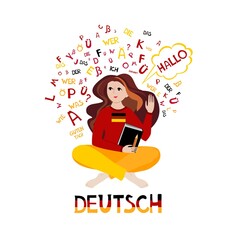 Deutsch. Translation: "German".  Illustration for book, dictionary, vocabulary, speaking, reading, writing, listening skills. Young woman girl student learning German language. Education  illustration