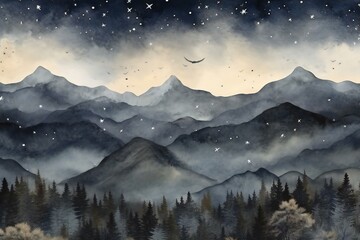 Mountain landscape with snow, moon and stars,  Digital painting