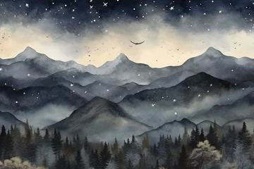Papier Peint photo Gris Mountain landscape with snow, moon and stars,  Digital painting