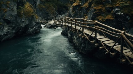 a wooden bridge over a body of water near a rocky cliff side with mossy trees on the side of the bridge.