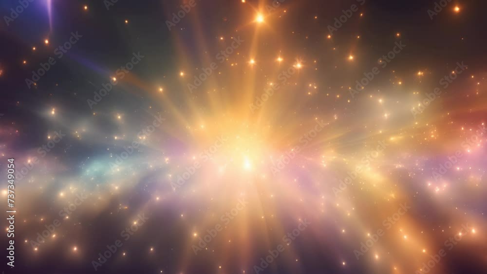 Poster abstract backgound with blue and orange light rays. god rays or light burst with bokeh