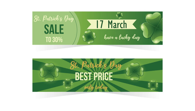 St. Patrick's Day Sale flyer set on white isolated background. St. Patrick's Day best price banner with four-leaf lucky clover
