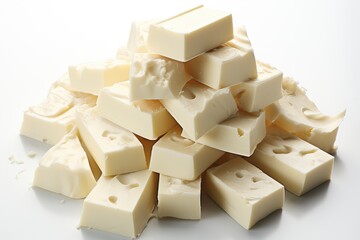 Chopped white chocolate on a white background close up.