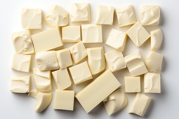 Chopped white chocolate on a white background close up.