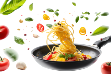 Italian pasta with vegetables floating on a hot pan. Isolated on a transparent white background.