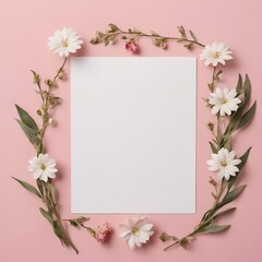 an empty white postcard with flowers surrounded on a pink background