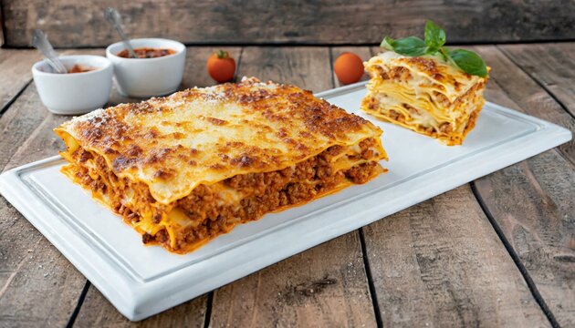 Lasanha &agrave; bolonhesa servida em uma travessa retangular branca sobre uma mesa de madeira. Comida italiana, massa, molho de tomate, carne.