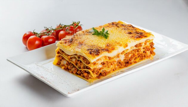 lasanha, bolonhesa, lasanha &agrave; bolonhesa, fundo branco, isolado, isolado no branco, isolado no fundo branco, travessa, travessa branca, retangular, travessa retangular, massa, comida italiana, italian
