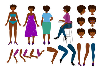 Fototapeta premium African American woman character for your scenes. Body positivity. A set for creating characters with different looks, facial emotions, gestures and poses. Flat vector illustration.