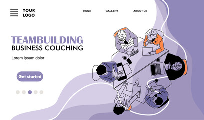 Teambuilding business couching concept landing page. Website template with business team members, men and women sitting around the desk top view. Outline vector hand drawn illustration .
