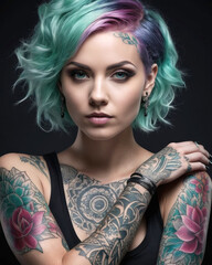 portrait of a woman with makeup, hairstyle and tattoos