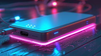 Portable power bank with fast charging technology and LED indicator lights.  - obrazy, fototapety, plakaty