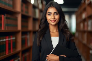 A young indian business woman stands in the library among books. Indian education concept for women	
