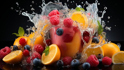 A glass filled with fruit is releasing a splash of refreshing water , generated by AI