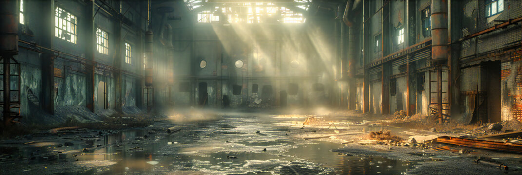 Post-War City Ruins, Abandoned Building with Visible Damage, Urban Decay and Destruction Theme, Soldier Presence
