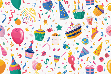 A birthday pattern with balloons, candles, and confetti